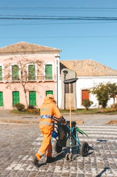 A street cleaner in vibrant uniform tidies cobblestones, Paranaguá, Brazil.