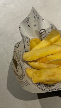 Delicious crispy golden french fries served in a decorative paper cone, perfect for fast food enthusiasts.