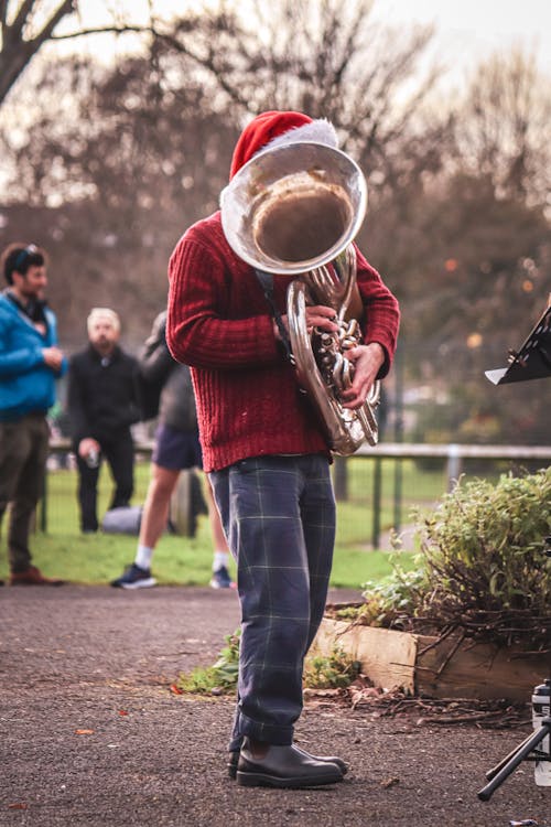 Person in Santa Hat Playing Tuba in Park