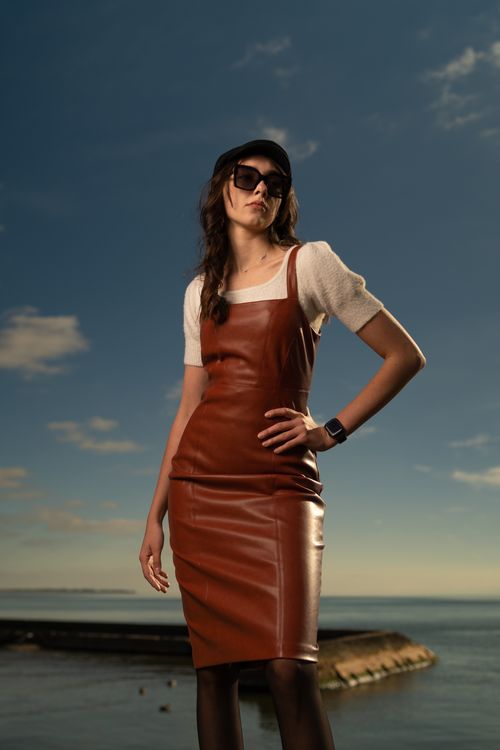 Brown faux leather midi dress