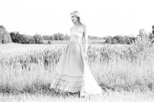 Blonde in Strapless Dress Posing in Countryside