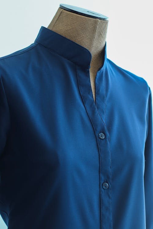 Blue Shirt with a Stand-up Collar 