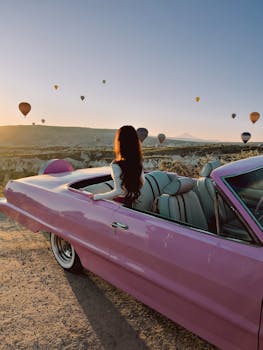 A woman in a vintage pink convertible watches hot air balloons over Cappadocia's landscape at sunset.