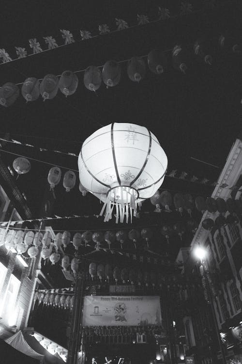 Decoration Above the Street of Paper Lanterns and Union Jack Bunting Flags