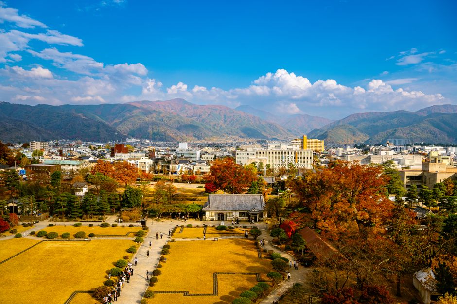 Captivating aerial view of Nagano city and park with vibrant autumn trees against a mountain backdrop.