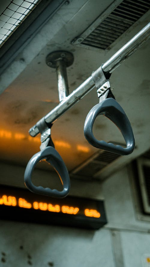 Close-up of Handles in a Public Means of Transport 