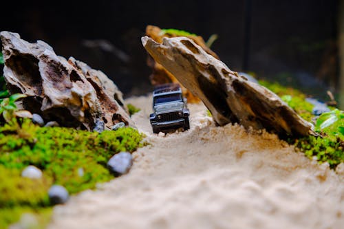 Miniature Car Between Rocks in a Diorama