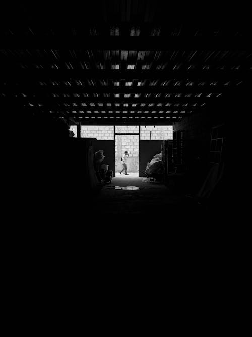Passerby in the Light of the Exit of a Dark Tool Shed