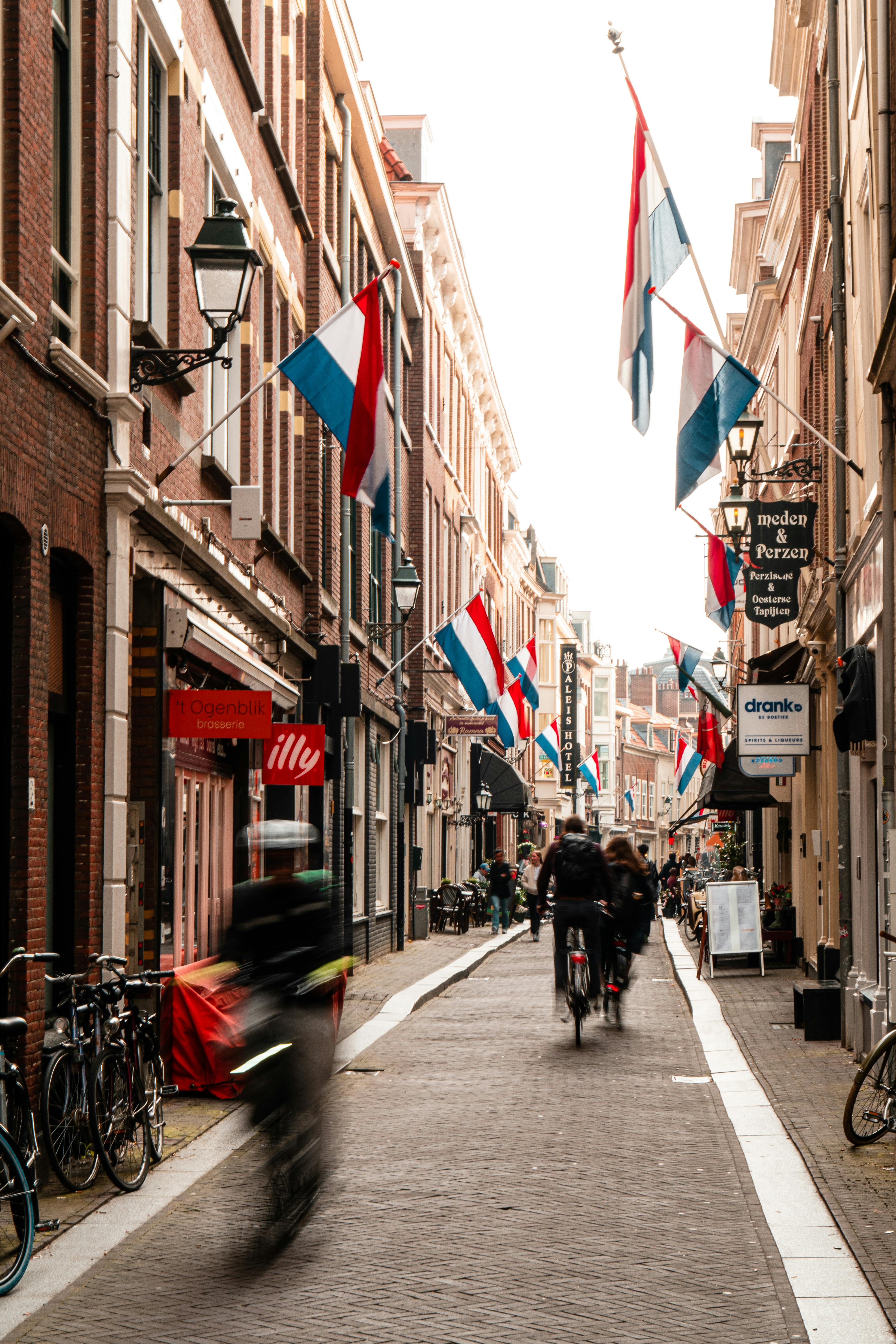 Vibrant urban scene in The Hague with bicycles, Dutch flags, and historic buildings.