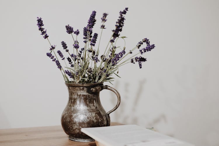 Lavender In A Vintage Pot On The Table 