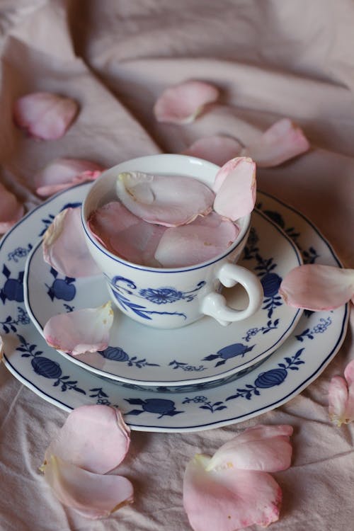 Still Life with Pastel Pink Rose Petals and Porcelain