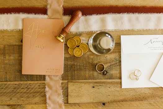 Stylish overhead view of vow book and wedding accessories on rustic table.