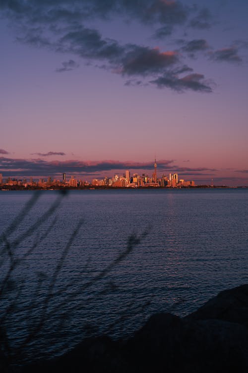 City Skyline by Seashore in Evening