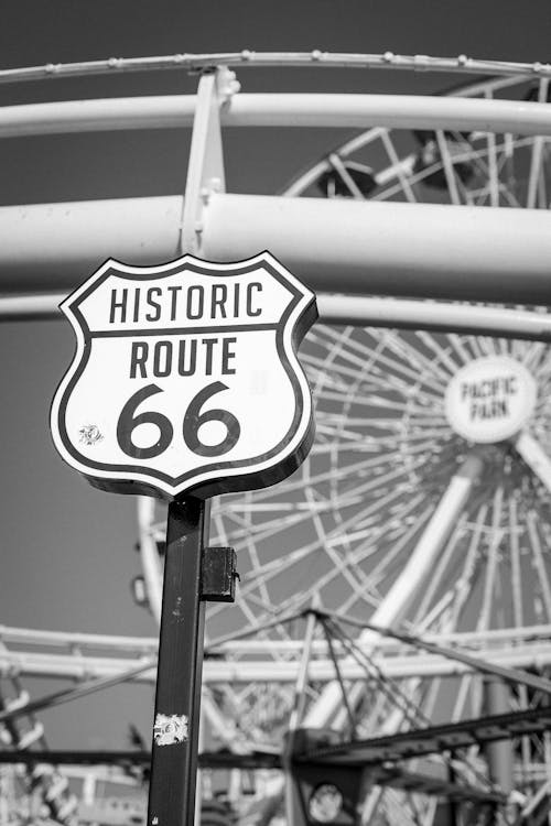 Street Sign in Front of Ferris Wheel in Black and White 