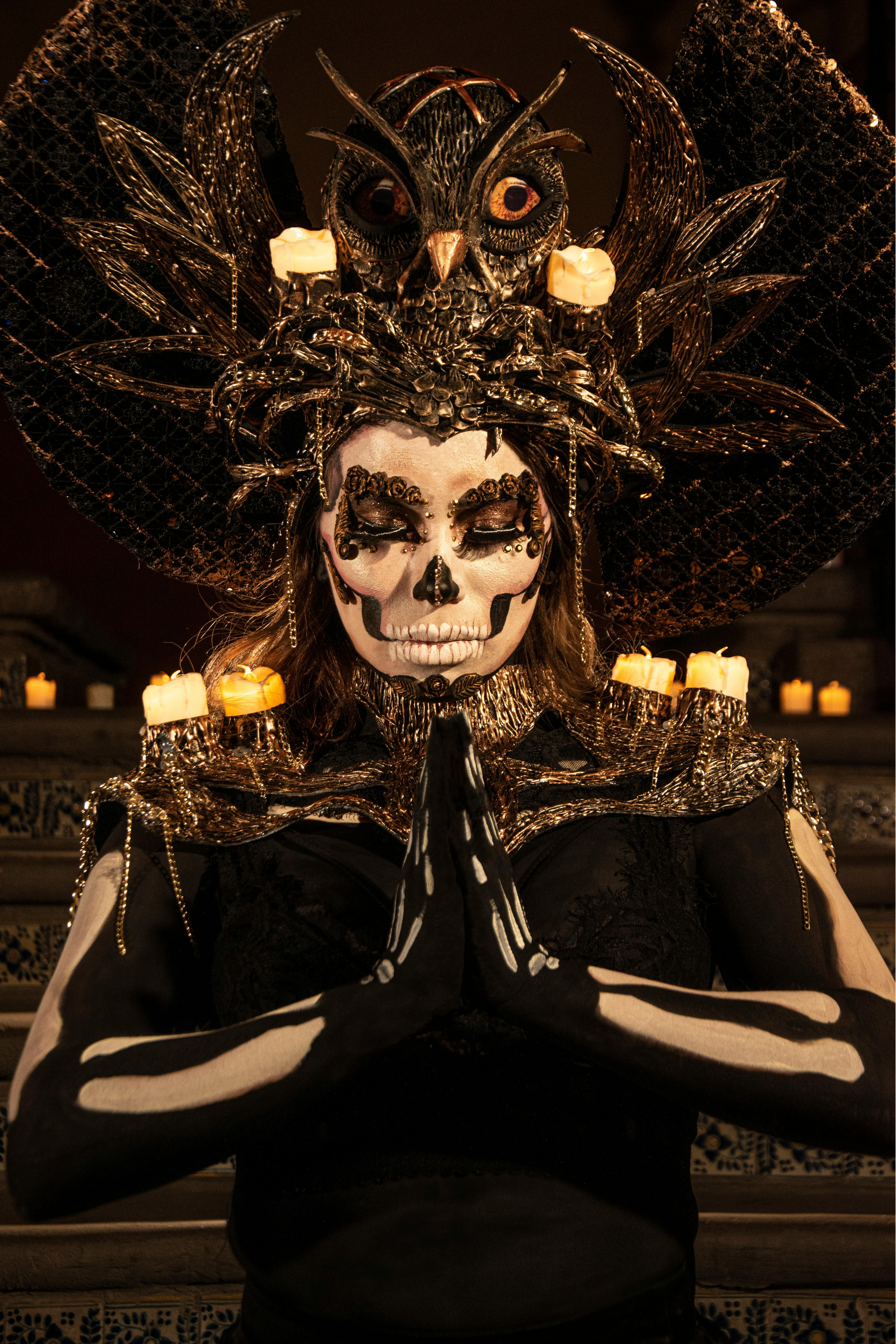 Day of The Dead Costume Mask Haute Couture Full Face Dia de Los Muertos Masquerade Mask Gold Black by