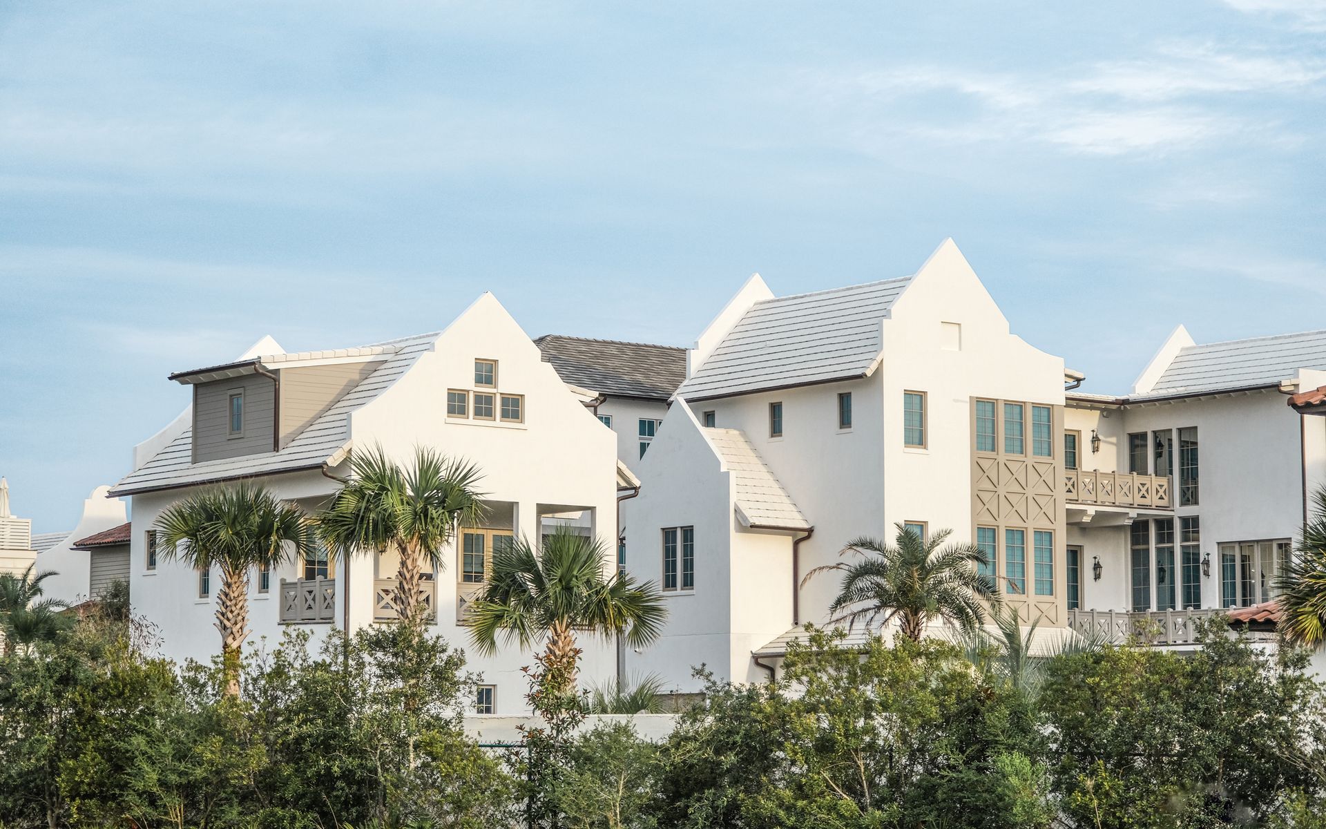 Beautiful white houses with a tropical setting in Alys Beach, Florida.