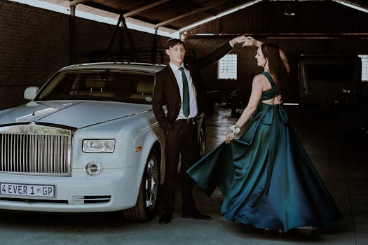 A stylish couple elegantly dance beside a Rolls-Royce Phantom in a garage setting.