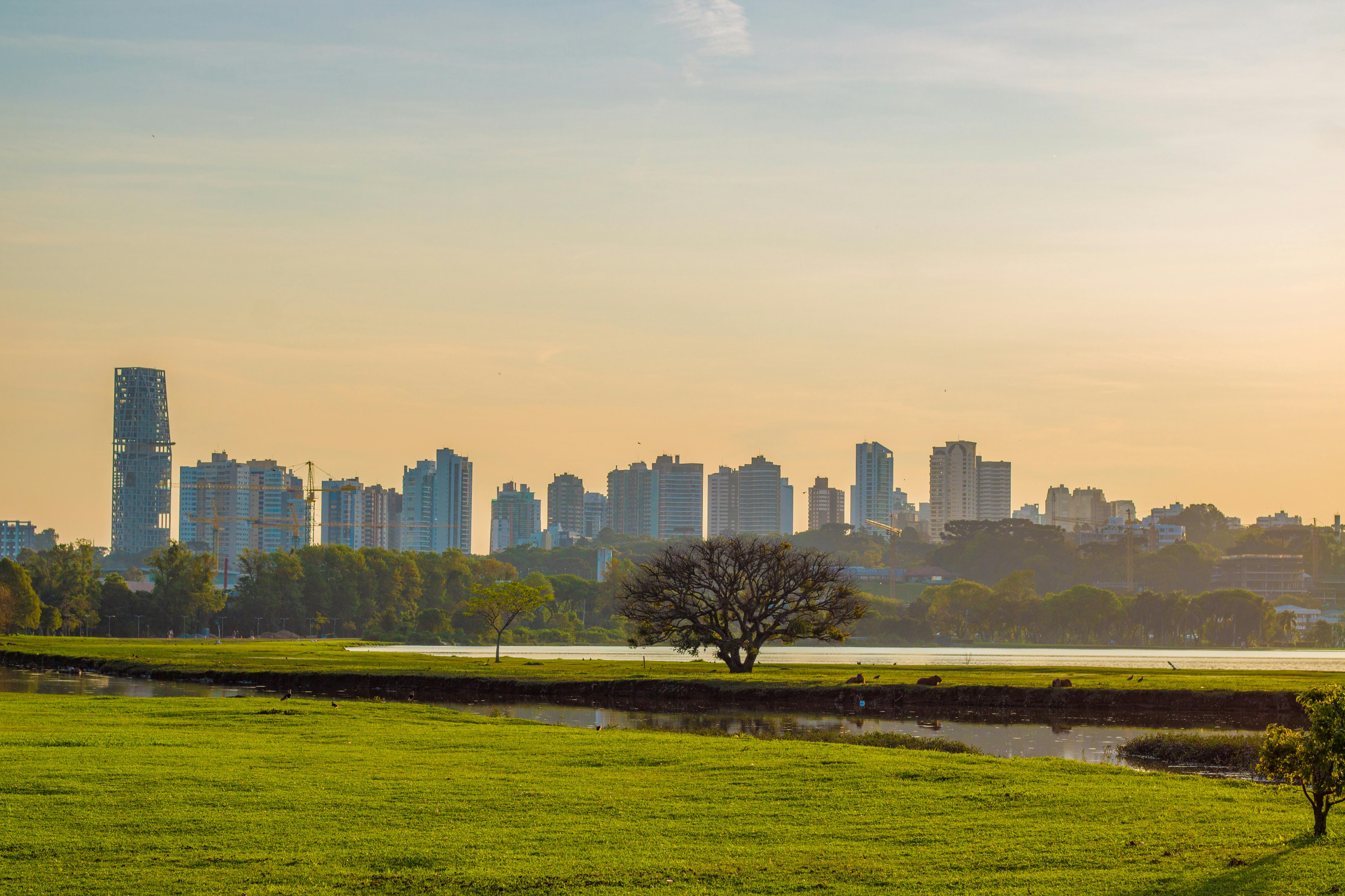 Cityscape of Curitiba with lush greenery and a sunset backdrop, highlighting the skyline and natural beauty.