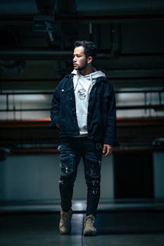Fashionable man in urban underground setting, wearing denim, hoodie, and boots.