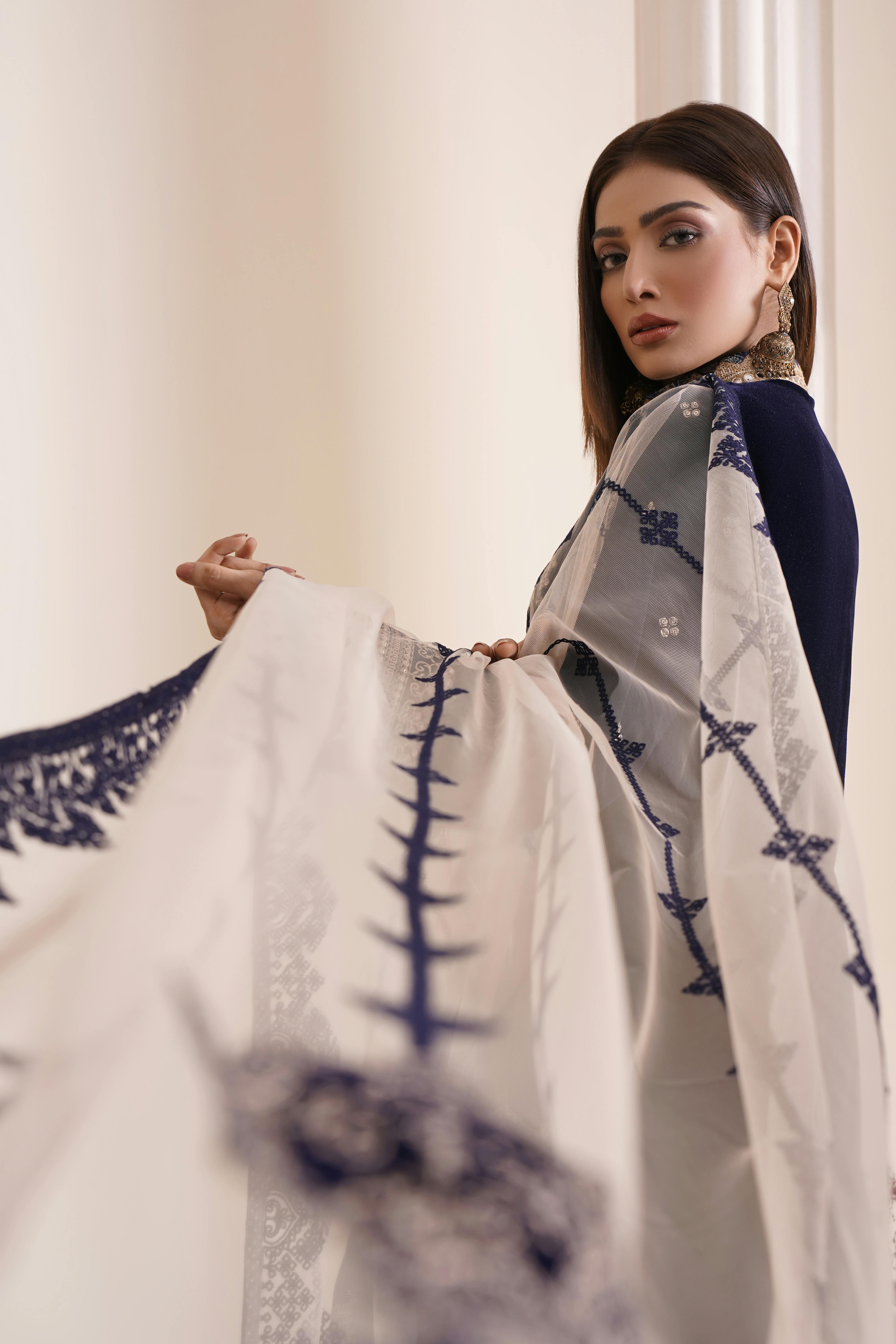 Portrait of a young woman in an elegant embroidered dress, showcasing traditional South Asian fashion.