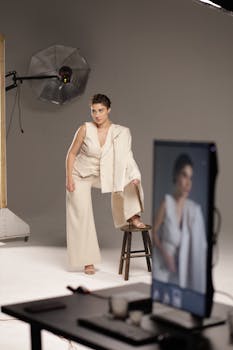A sophisticated studio fashion photoshoot featuring an adult woman modeling stylish attire.