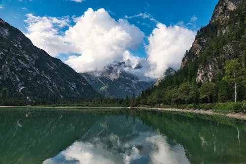 View of Lago di Landro in Dolomites in South Tyrol, Italy