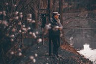 一个穿着冬装的男人在光秃秃的树木间，静静欣赏着湖畔景色