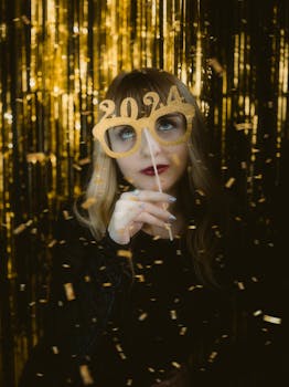 Woman celebrating New Year's Eve 2024 with golden decorations and a festive mask.