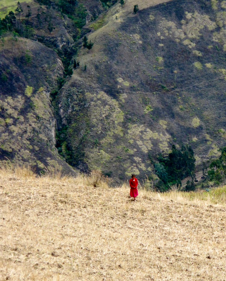 Woman In A Red Dress Walking Uphill In Mountains 