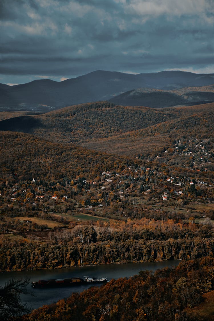 Forest, River And Village On Hills