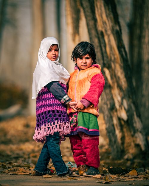Free Two children holding hands in a colorful autumn forest in Sopore. Stock Photo