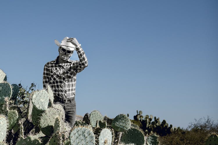 Man With A Skeleton Mask Standing In The Desert