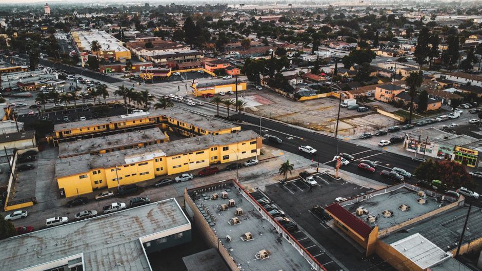 Breathtaking 7 Days Tour of Los Angeles, Vegas, Yellowstone and Salt Lake City Review Review 2026 - Aerial view of Los Angeles showcasing city streets, buildings, and urban layout.