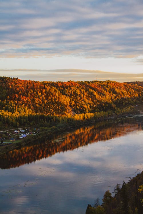 Autumn Forest on the Hills on the Riverbank at Sunset