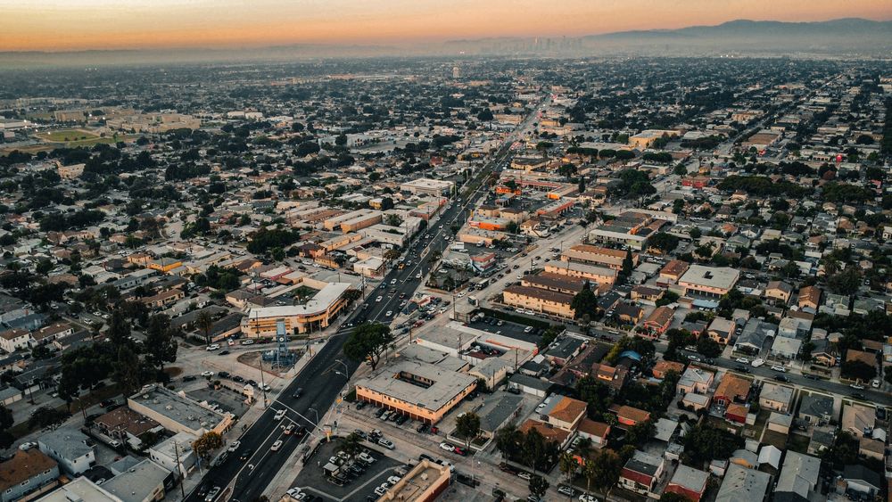 Los Angeles urban sprawl at sunset from the air