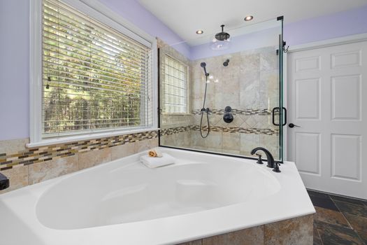 Spacious bathroom with corner bathtub and glass shower enclosure, showcasing elegant interior design.