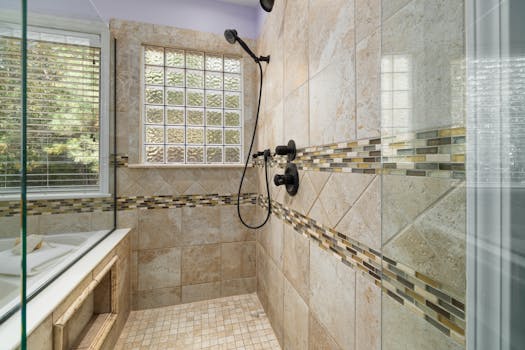 Modern bathroom with tiled shower, glass bricks, and natural light.