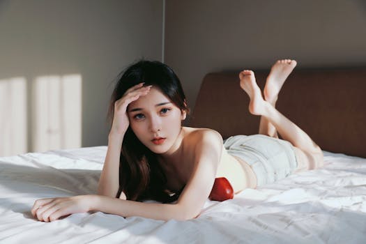 A young woman lying on a bed, holding an apple, basking in sunlight.