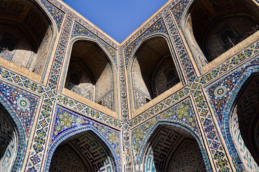 Beautiful mosaic-covered arches of a UNESCO World Heritage Site madrasa in Samarkand.