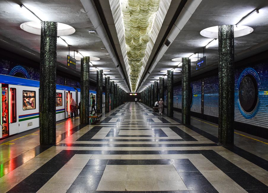 Modern interior of a Baku Metro station with a BakiKart reader