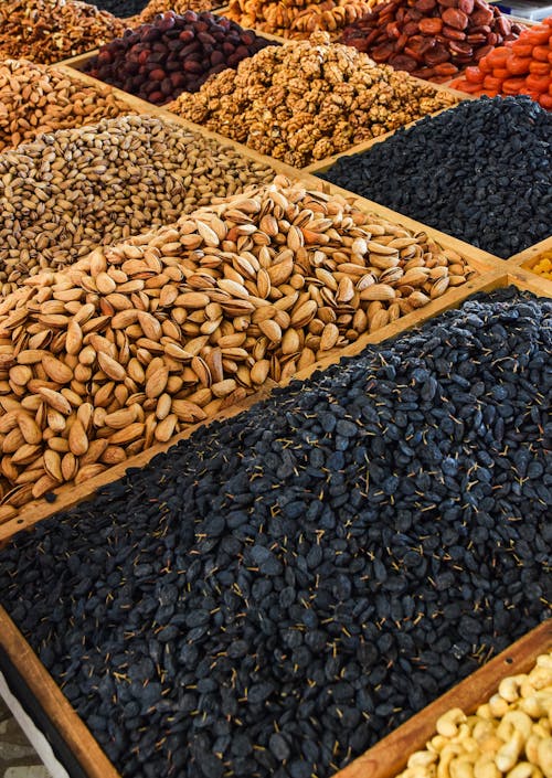 Boxes with Nuts and Dried Fruits on Market