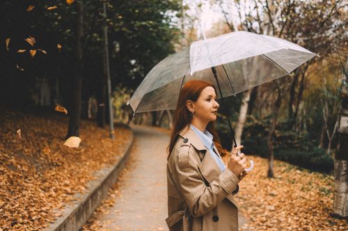 Free A woman holding a transparent umbrella walks through a leafy park in Ankara, Türkiye during autumn. Stock Photo