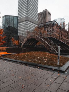 A vertical shot of a footbridge surrounded by autumn foliage in Montreal's Dorchester Square.