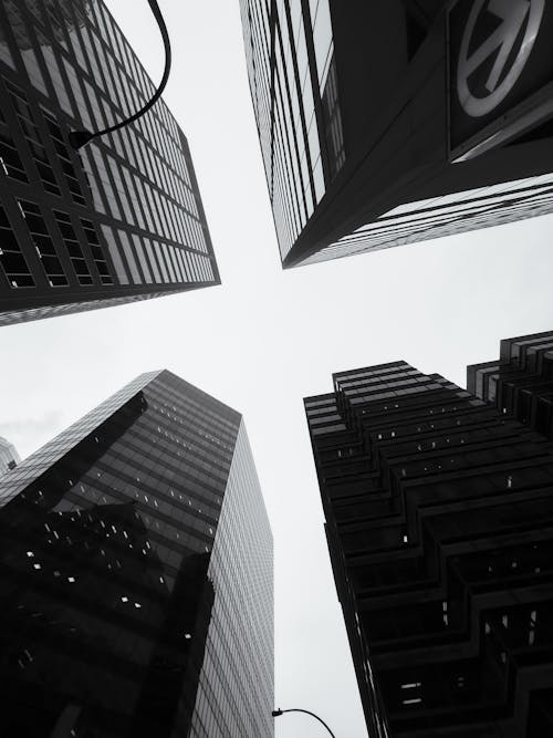 Black and White Photo of Modern High-Rise Buildings Seen from Below