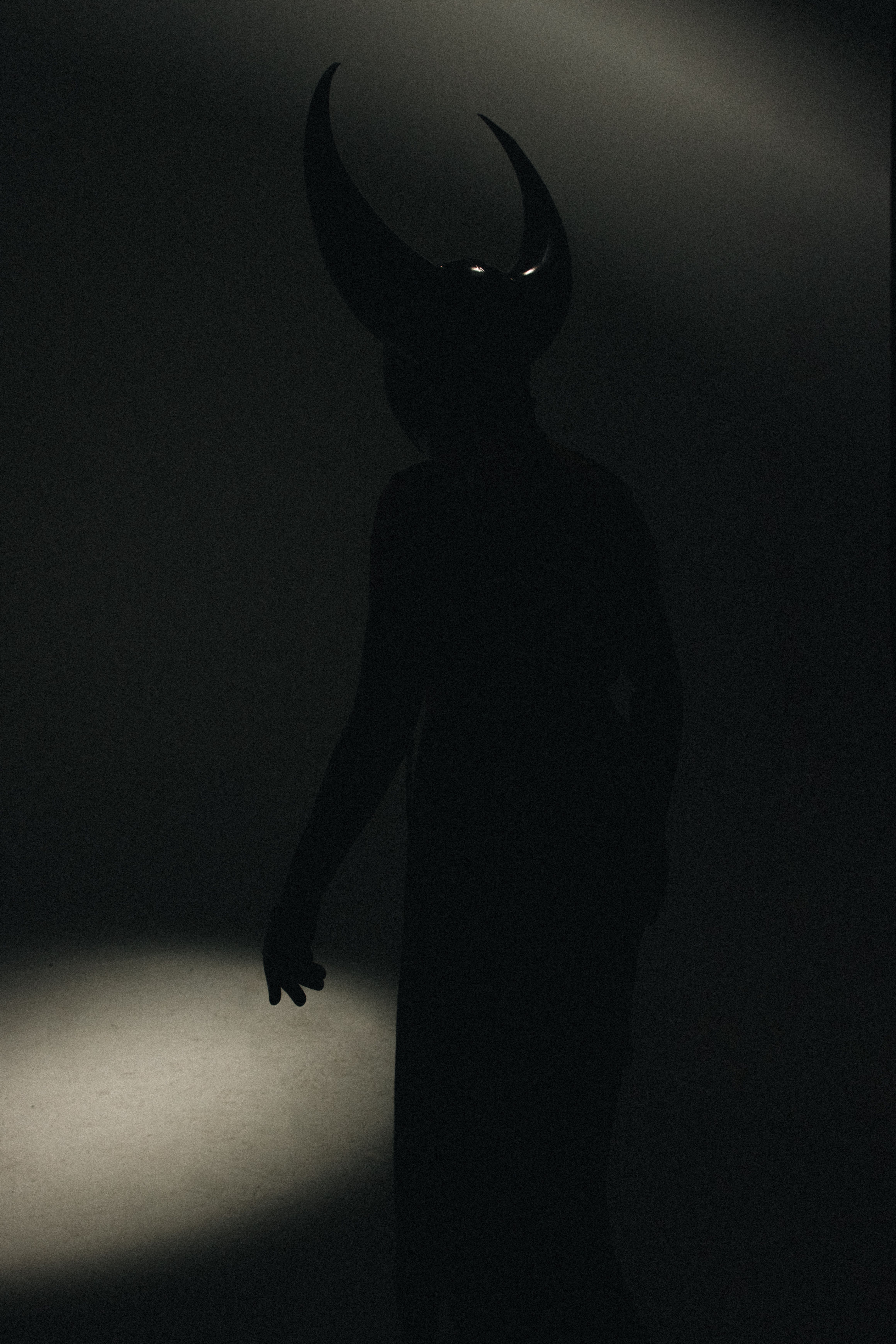 Mysterious silhouette with horns standing against a dark background, conveying an eerie mood.