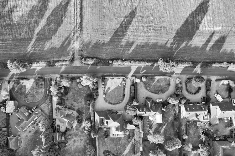 Road On A Countryside Seen From Above In Black And White