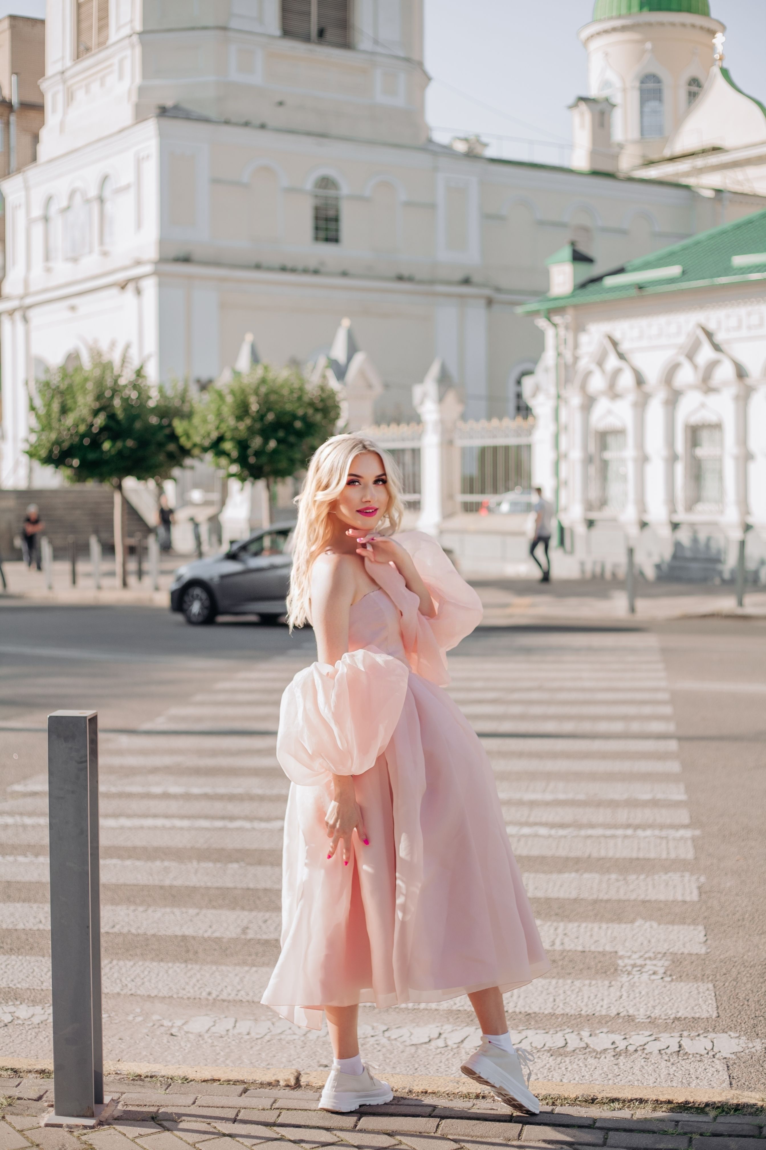 Woman in Pink Dress Standing by Crosswalk · Free Stock Photo