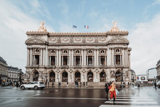 Front view of Palais Garnier in Paris with pedestrians crossing and cars passing by.