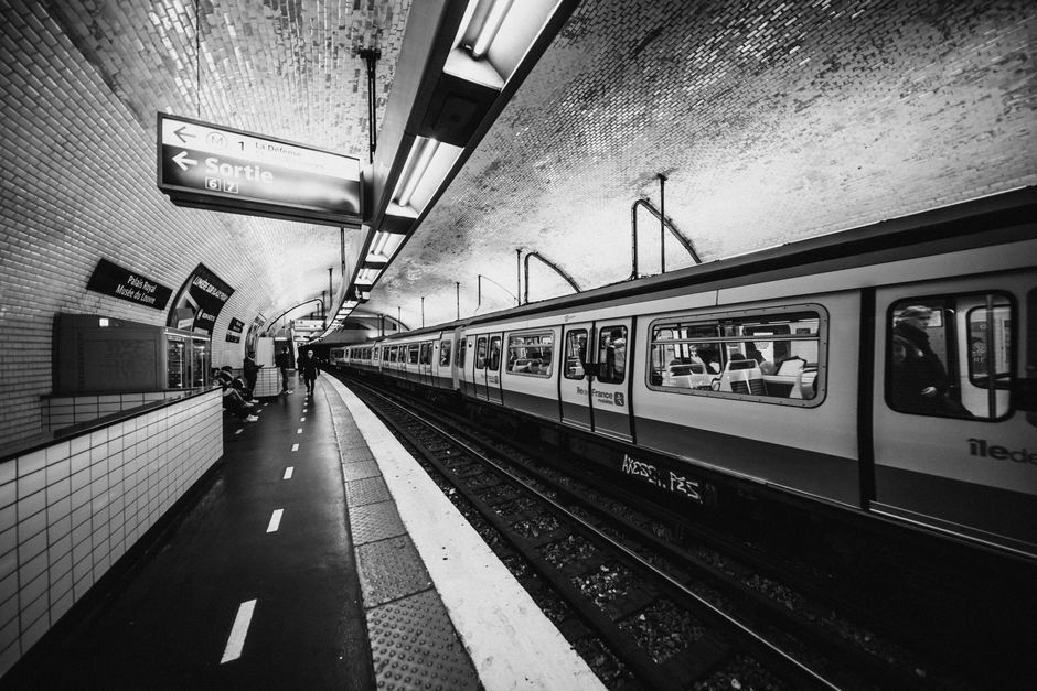 RER B train arriving at a station in Paris