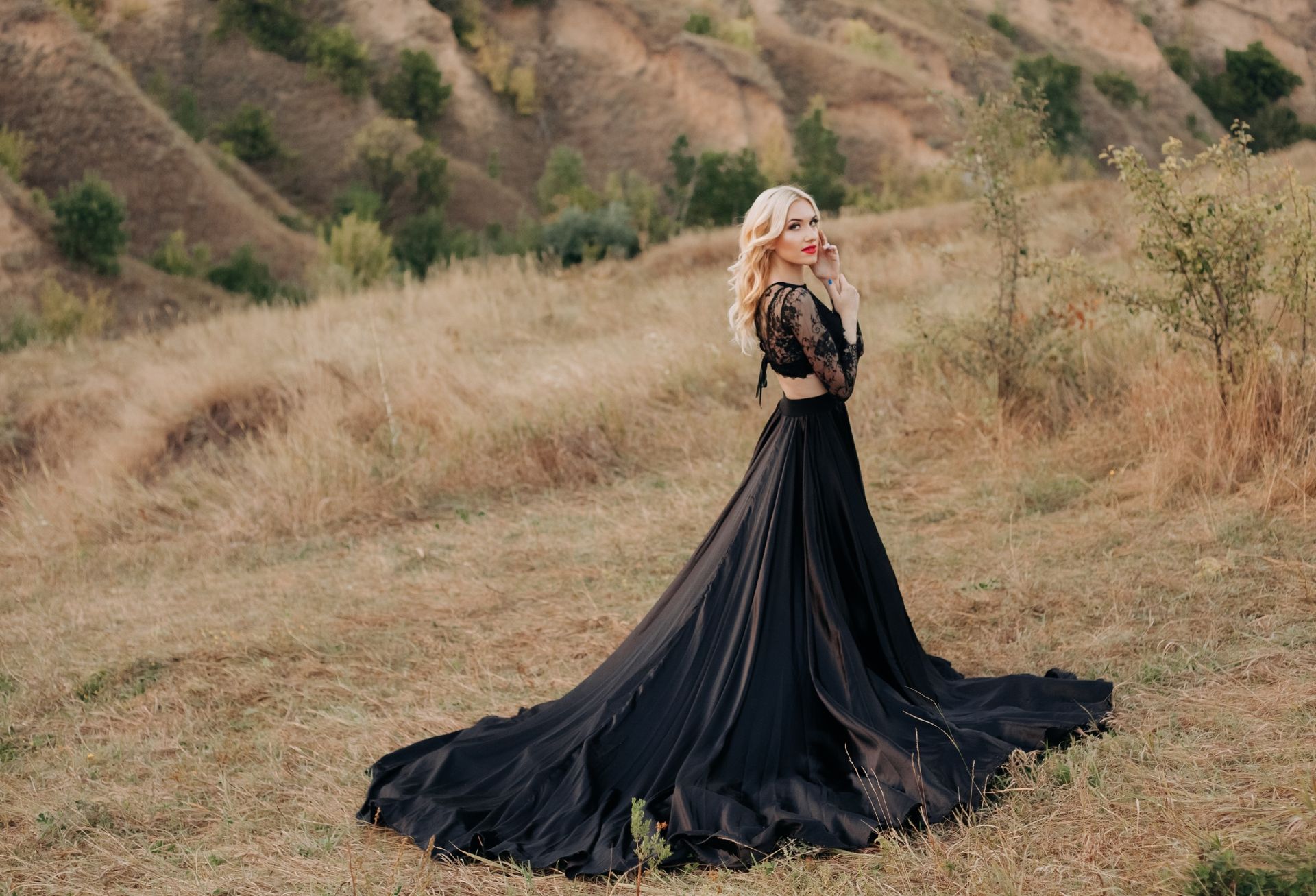 Blonde Woman in Maxi Embroidered Dress